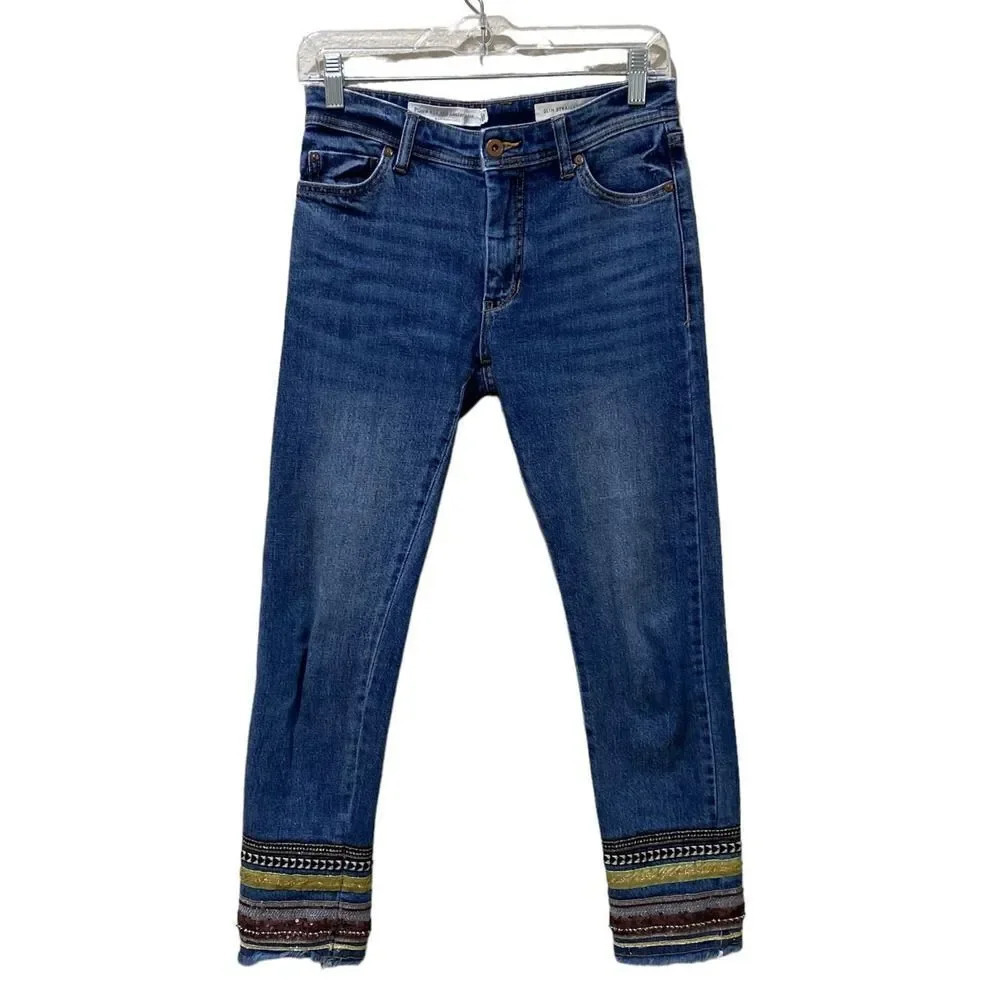 ANTHROPOLOGIE Pilcro Embroidered Cuff Hem Slim Straight Jeans 25
